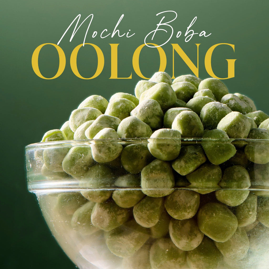 Bowl of green boba with 'Mochi Boba Oolong' text on a green background