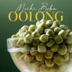 Bowl of green boba with 'Mochi Boba Oolong' text on a green background
