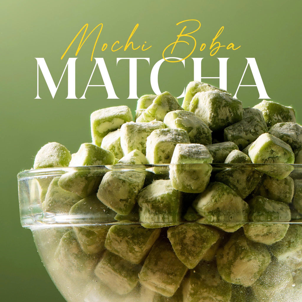 Bowl of matcha mochi boba with 'Mochi Boba Matcha' text on a green background