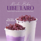 Two cups of Ube Taro Mochi Boba on a purple background with text.