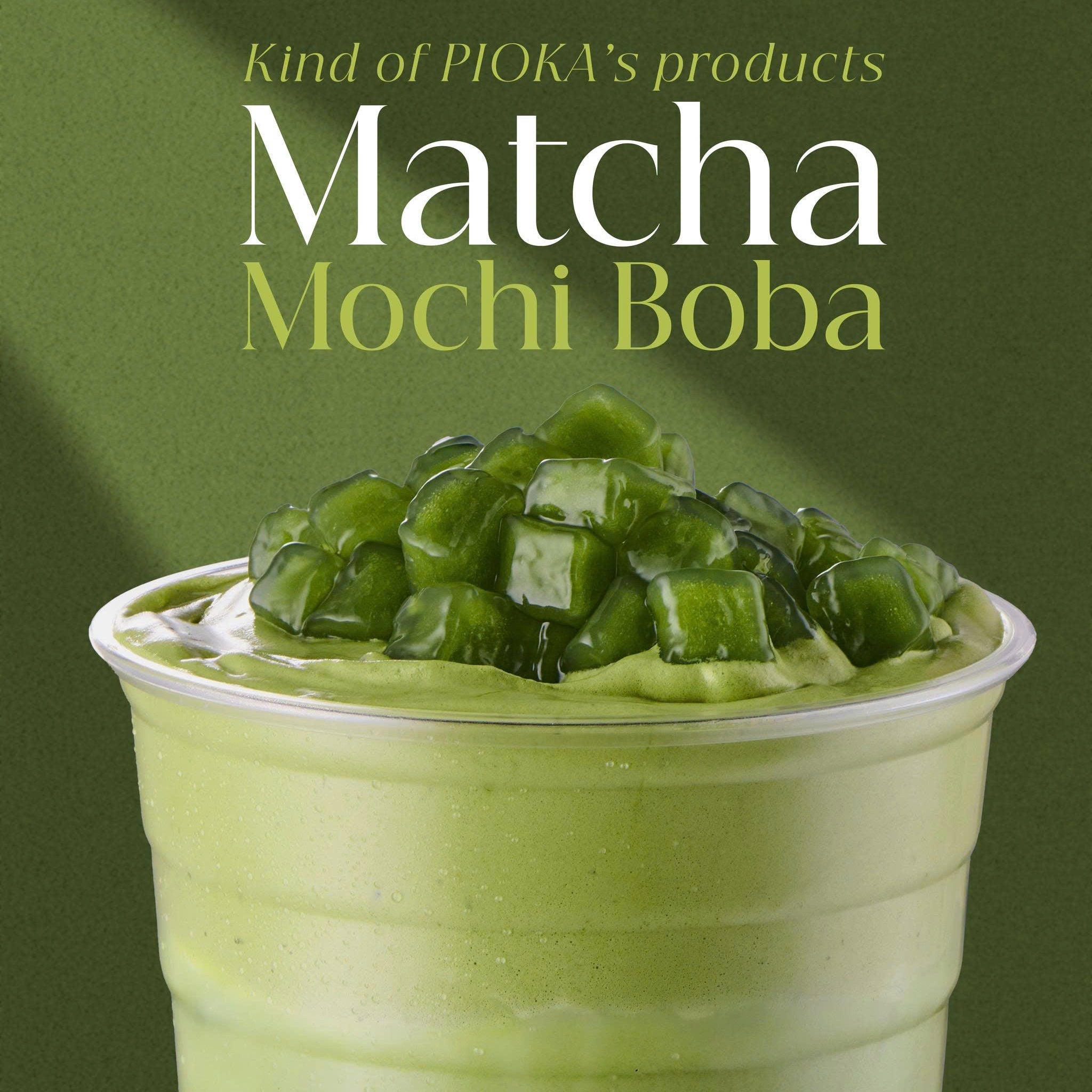 Matcha mochi boba drink with green text on a green background